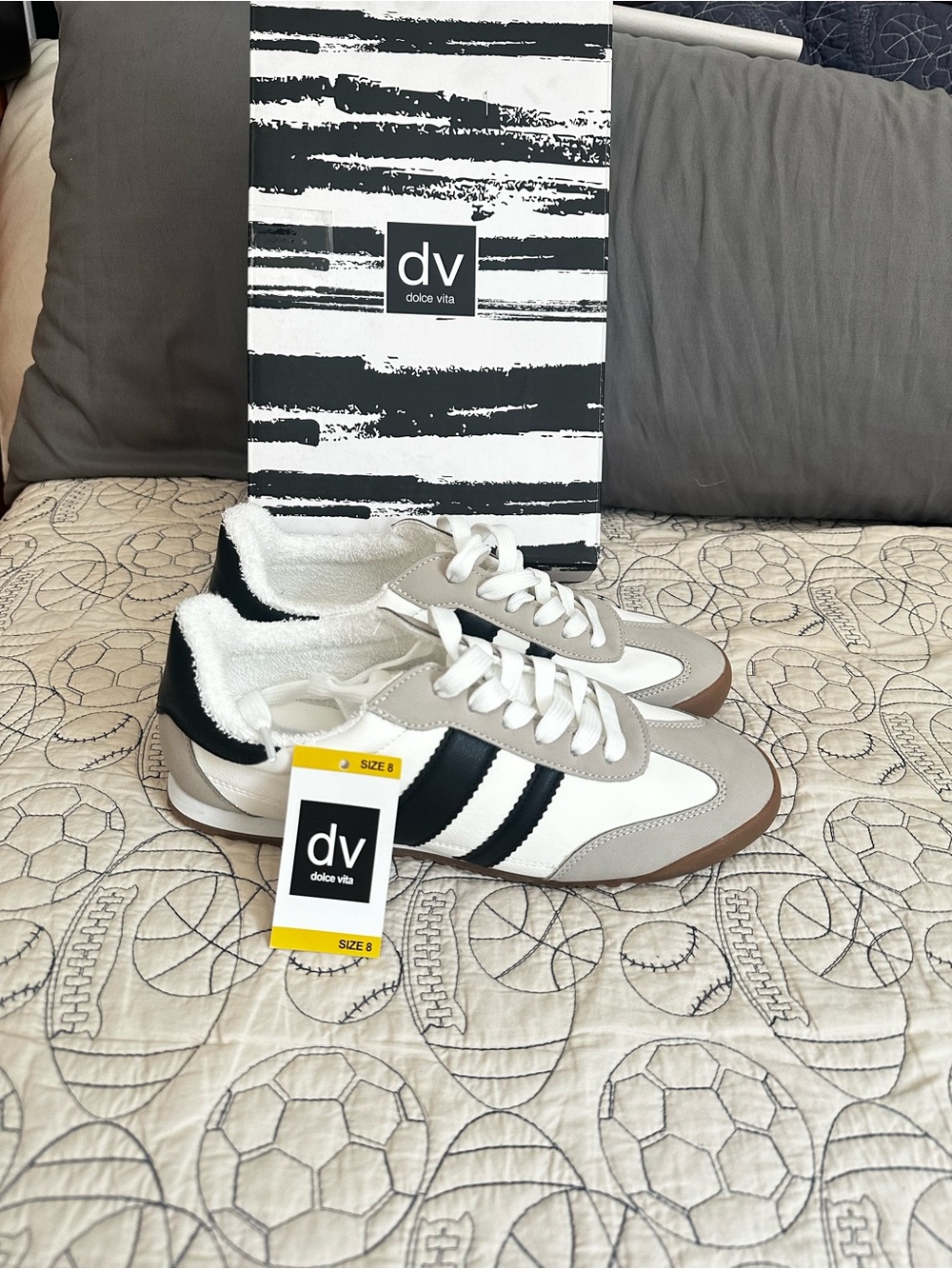 Dolce Vita White Sneakers with Black Stripes and Tan Accents